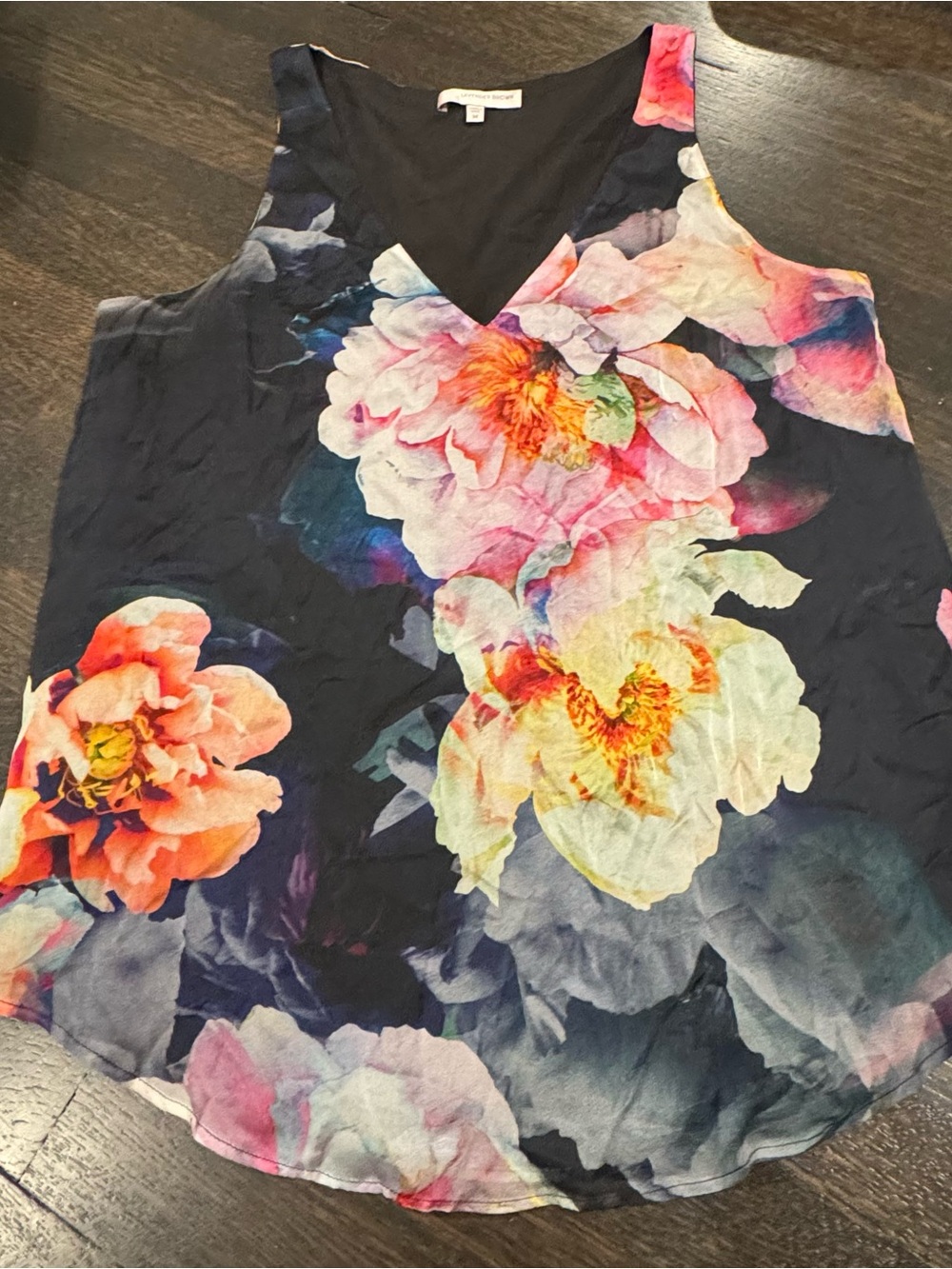 Lavender Brown 100% Silk Floral V-Neck Tank Top Medium